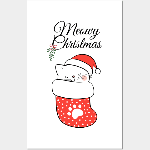 Cute Christmas - Meowy Christmas Cat with Hat Sleeping Wall Art by Dabejo